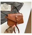 Caramel brown woven texture shoulder bag with gold buckle and adjustable strap - Brown