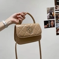 Quilted khaki crossbody bag with gold M buckle and elegant top handle for women - Khaki