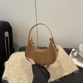 Brown suede crescent moon handbag with smooth leather strap and zipper closure - Khaki