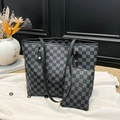 Large gray checkered tote bag with matching inner pouch on white fabric background - Black
