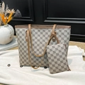 Large capacity vintage printed tote bag set with matching pouch and brown leather straps - Khaki