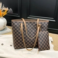 Classic monogram tote bag set in brown and black checkered pattern with inner pouch - Brown