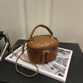 Brown quilted chain box bag with dual zippers and thick top handle in chic style - Brown