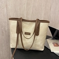 Borsa tote beige minimalista con finiture e manici in pelle marrone per il lavoro - Beige