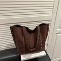 Large brown faux suede tote bag with silver studs and shoulder strap for daily commuting - Brown