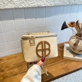 Chic beige square crossbody bag with brown AB logo and gold chain strap in a cozy setting - Khaki