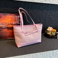 Pink woven tote bag with leather straps and decorative buckle closure for women - Pink