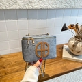Gray-blue textured crossbody square bag with interlocking logo and gold chain strap - Khaki Blue