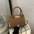 Dark brown suede square handbag with golden twist lock and adjustable shoulder strap - Khaki