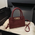 Burgundy suede handbag with gold metal clasp in premium gift box with shoulder strap - Red