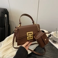 Dark brown leather square handbag with golden buckle and mini pendant bag variant - With Mini Pouch / Coffee