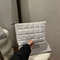Quilted pearlescent white space cotton clutch bag with square stitching and top zipper - White