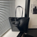 Minimalist black shiny PU leather tote bag with small matching pouch and long straps - Black