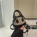 Mini brown shell crossbody bag for girls with vintage monogram and black leather trim - Black and Khaki