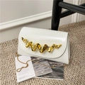Chic white patent leather shoulder bag with wavy gold metal buckle and snake chain strap - White