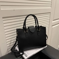 Elegant black lychee textured leather tote bag with gold hardware and top handle - Black
