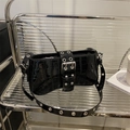 Black crocodile embossed patent leather shoulder bag with Y2K metallic buckle and studs - Black Patent Crocodile Pattern (JQS397) / Black