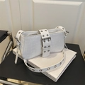 White crocodile pattern shoulder bag with punk metal eyelets and silver buckle - White Crocodile Embossing (JQS397) / White