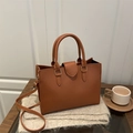 Brown litchi grain leather tote bag with top handles and adjustable shoulder strap - Brown