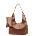 Minimalistische Tote-Bag aus PU-Leder in Karamellbraun mit kleinem Etui und silbernen Ösen - Große Tasche Und Reißverschlusstasche / Braun
