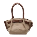 Minimalist khaki suede tote bag with brown handles and decorative leather buckle detail - Khaki