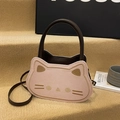Pink cat-shaped crossbody bag with gold embroidered details and brown leather straps - Pink