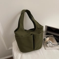 Olive green nylon tote bag with two front pockets and a minimalist commute design - Green