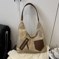 Bolso tote de lona beige con correas de cuero sintético marrón y bolsillo con cremallera - Caqui