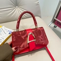 Red textured leather small square handbag with gold hardware and silk scarf handle - Red