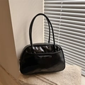 Black glossy leather underarm bag with bow detail and twin shoulder straps for women - Black