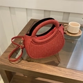 Sparkly red glitter crescent shoulder bag with elegant striped texture and top handle - Red