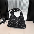Retro black corduroy hobo bag with white heart and butterfly print for women - With Pendant / Black