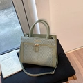 Light green leather handbag featuring grey herringbone texture and gold double zippers - No Pendant / Green