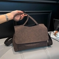 Vintage dark brown textured flap handbag with unique soft round handle and wide shoulder strap - Coffee Suede Style