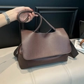 Vintage dark brown lychee textured leather tote bag with wide shoulder strap - Coffee Litchi Grain Style