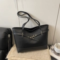 Bolso tote clásico en cuero con textura de lichi, hebilla dorada y diseño de gran capacidad - Negro