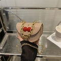 Mini beige crescent crossbody bag with red cherry rhinestone charm and gold chain straps - Khaki