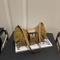 Retro-Schultertasche aus senfgelbem Canvas mit braunem Lederriemen und Metallschnalle - Braun