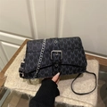Fashionable dark grey crossbody square bag with M monogram pattern and silver buckle - Black