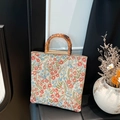 Floral print linen tote bag with natural bamboo handles in a vintage minimalist design - Red Small Flower