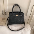 Chic black crossbody handbag with vertical stripes, gold metal lock and leather handles - Black without Pendant