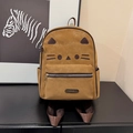 Zaino in pelle scamosciata giallo senape con ricamo gatto e spalline marroni scuro - Cachi