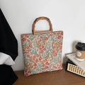 Borsa tote jacquard a fiori con manici in bambù e motivi floreali vintage - Fiore Arancione
