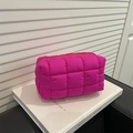 Hot pink quilted puffer makeup bag with zip closure and grid pattern texture - Rose Pink