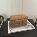 Quilted puffer pouch in brown nylon fabric with grid stitching and zipper closure - Brown