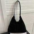 Large black suede tote bag with front pockets and long leather shoulder straps - Black