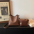 Vintage brown large capacity tote bag set with detachable strap and inner pouch - Brown