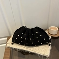 Retro black suede clutch bag with gold studs and drawstring closure on knit texture - Black