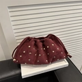 Retro burgundy suede clutch bag with gold studs and drawstring closure - Red