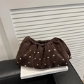 Dark brown suede cloud bag with golden studs and pleated top handle detail - Brown